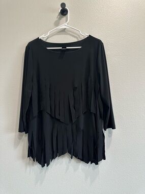 Ali Miles Black Layered Fringe Women's Top,large,artsy,whimsy,3/4 sleeve